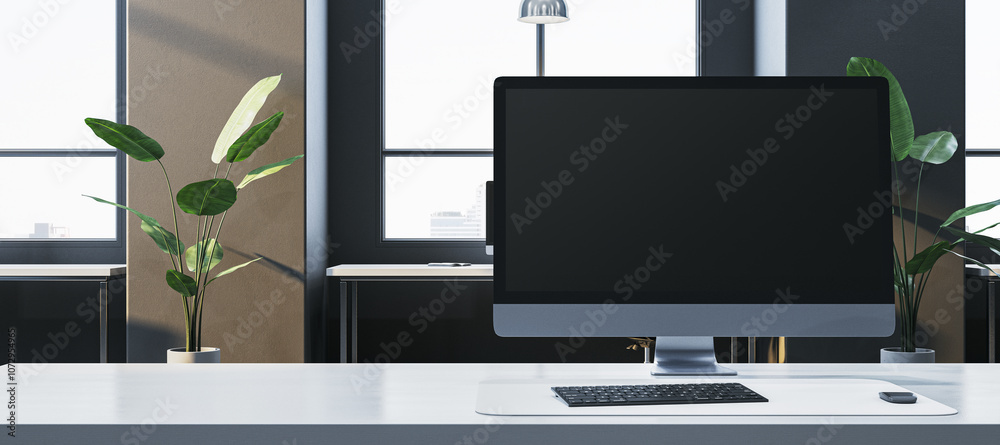 Poster Modern office with a computer screen on a white desk near plants and windows in a bright interior. 3D Rendering
