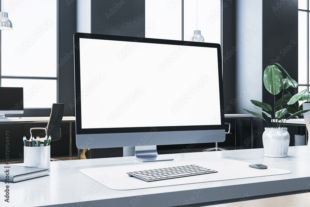 Poster modern office desk with computer screen mockup, keyboard, mouse, and plant on a clean workspace in a