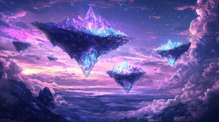 Obraz premium Stunning Digital Artwork of Floating Crystalline Mountains in a Magical Sky with Vivid Colors and Ethereal Clouds at Dusk