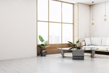 Fototapeta premium Modern living room interior with large windows, cozy couch, and a glass coffee table, featuring indoor plants and city view. 3D Rendering