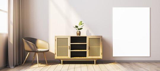 Modern living room interior with wooden furniture, armchair, and blank vertical canvas on wall for display or mockup. 3D Rendering