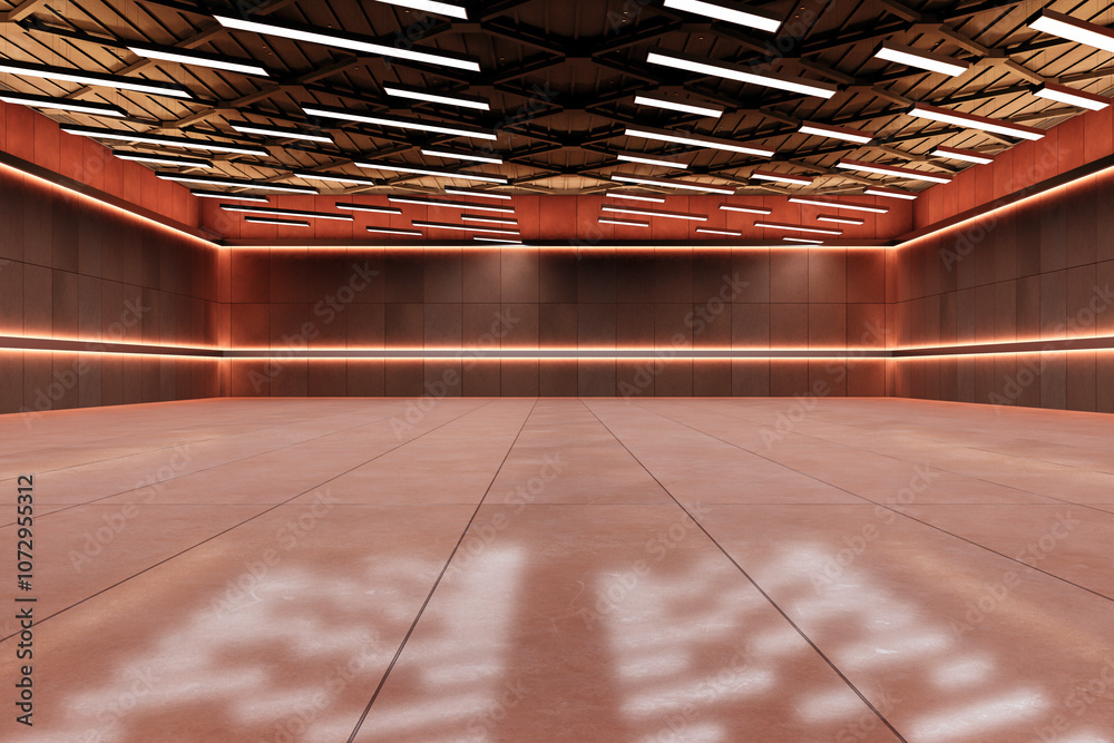 Poster Modern Empty Hall with Geometric Ceiling Design. 3D Rendering