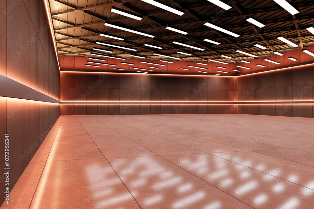 Poster Modern Empty Hall with Geometric Ceiling and Lighting. 3D Rendering