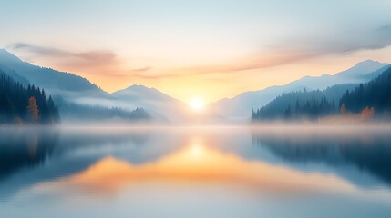 Fototapeta premium Breathtaking sunrise illuminates tranquil lake and majestic mountains in serene landscape