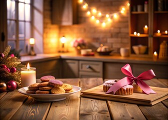 A Cozy Kitchen Scene at Night Featuring a Card with a Pink Ribbon Next to a Plate of Delicious Baked Goods, Perfect for Celebrations and Special Occasions