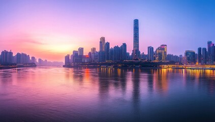 Fototapeta premium City Skyline at Sunset with Reflections in the Water