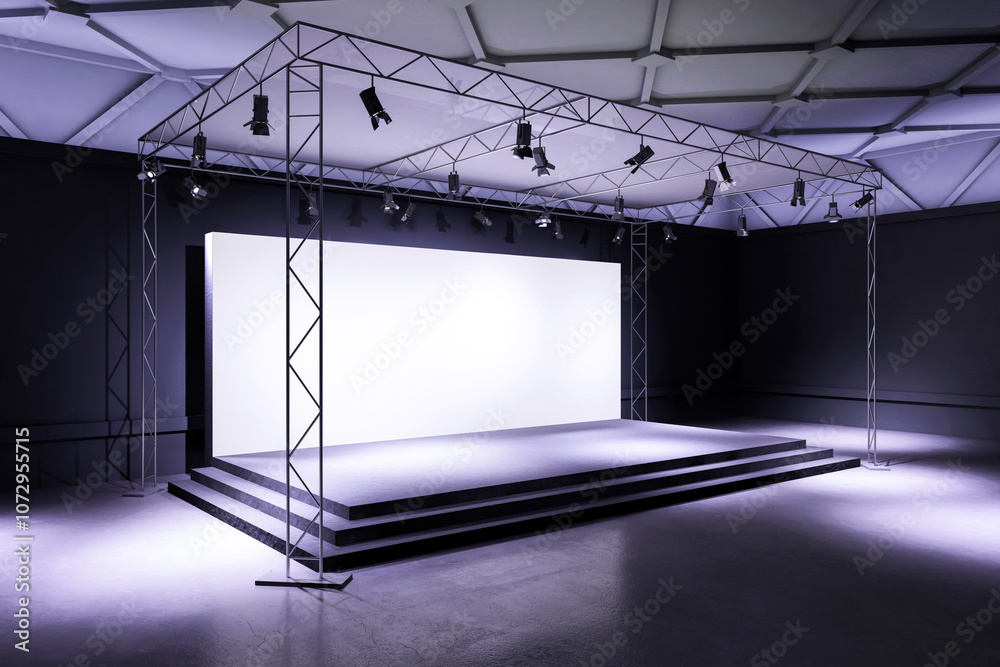 Poster Empty Stage Setup with Lighting in Exhibition Space. 3D Rendering