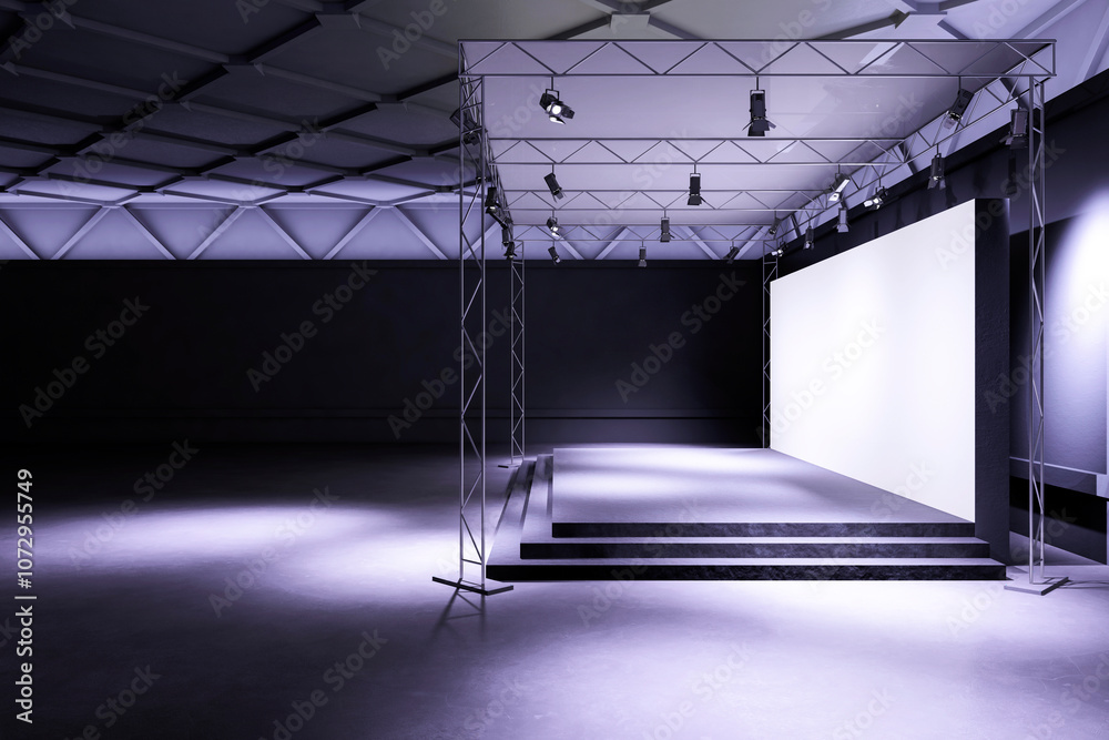 Poster modern exhibition space with stage and lighting in a dark hall. 3d rendering