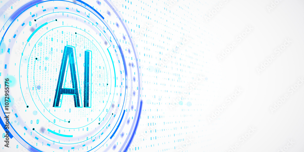 Leinwandbilder AI text with binary code and digital circles on white background. Technology abstract concept. 3D Rendering