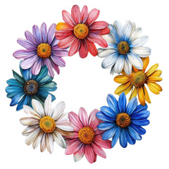 A vibrant wreath made of colorful flowers, showcasing various hues and types. Perfect for celebrations, home decor, or adding a touch of nature indoors.