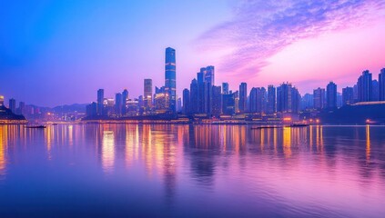 Obraz premium Cityscape at Sunset with Reflections in Water
