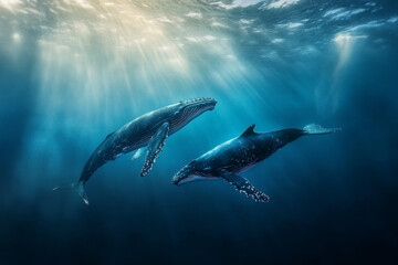 Fototapeta premium A pair of humpback whales swimming in the deep blue ocean, with sunlight filtering through the water's surface, wide-angle lens, super-detailed.