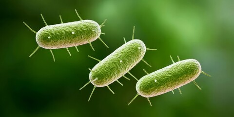 Fototapeta premium A close-up of green bacteria with a blurred green background, showcasing their rod-like shape and distinct textures.