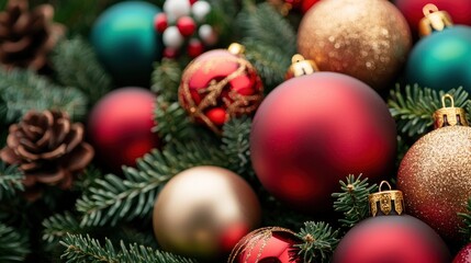 Festive Christmas Baubles with Pine Cones and Holly Berries in Red, Gold, and Green Holiday Arrangement