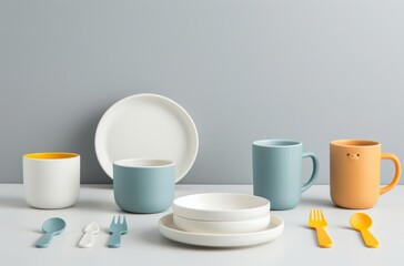 Fototapeta premium Colorful tableware set on a minimalist surface.