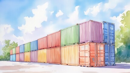 Fototapeta premium Colorful stacked shipping containers under a blue sky.