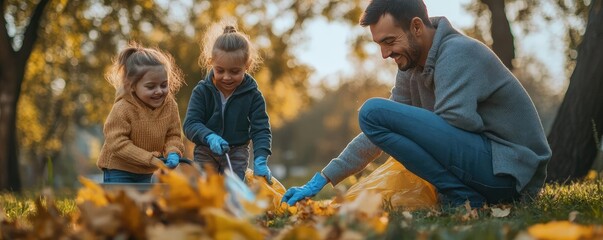 A family cleaning up a local park together, contributing to their community