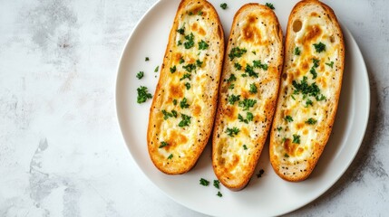 Korean Cream Cheese Garlic Bread on white plate, copy space