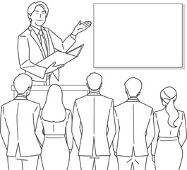 プレゼンするビジネスマンと聴衆（線画）