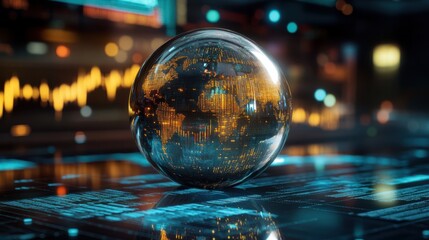 Conceptual image of a crystal ball with cryptocurrency market predictions and digital graphs inside, representing the speculative and predictive nature of the cryptocurrency market