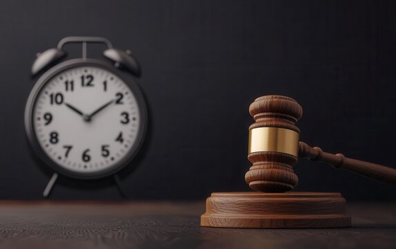 Symbolic image of a judge s gavel and a clock, concept of timely judgment, darkened background