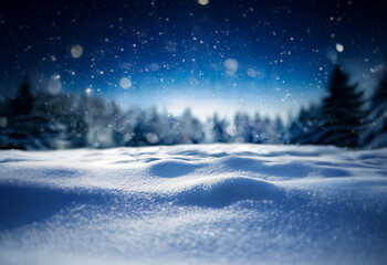 A snowy landscape with a forest in the background and a starry night sky. The snow is freshly fallen and pristine, with a soft, powdery texture.