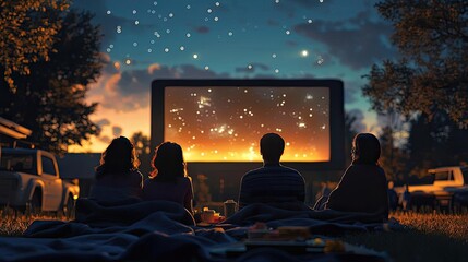 A family watching a movie at a drive-in theater, with blankets and snacks