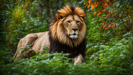 Obraz premium Lion in a colorful dense african forest, AI Generated
