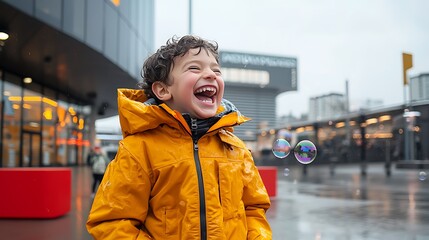 Obraz premium Joyful child laughs while playing with bubbles in a rainy city environment