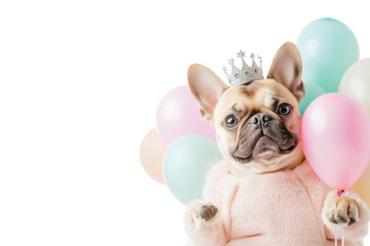 A cute dog in a princess costume with a tiara, holding a group of pastel-colored balloons with its paw.
