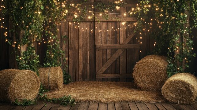Digital backdrop, rustic hay bales, ivy with fairy lights, wooden background in a barn. Country and western photography.