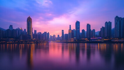 Fototapeta premium Cityscape at Dusk with Vibrant Sky and Water Reflections