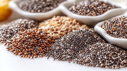 Obraz premium Geometric Arrangement of Chia,Flax,and Hemp Seeds on White Background