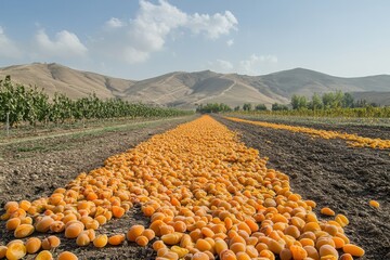 Apricots Drying Under Midday Light in Arid Landscape