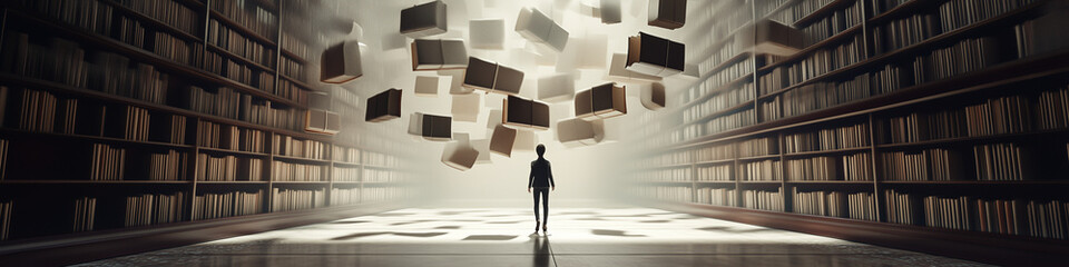 A man walks through a library with books suspended in the air A man walks through a library A man walks through books floating in the air Library