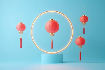 Happy Chinese new year 2024. Chinese new year banner with circle for show product. Greeting card. China frame with lantern on Blue background. with generative ai