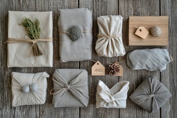 Zero waste gift wrapping with fabric and natural elements.