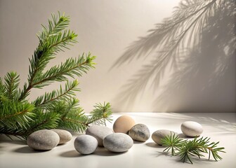 Obraz premium Abstract Nature Scene with Gray Stones and Pine Tree Leaves Shadows on Neutral Background for Cosmetic Product Branding Mockups with Podium and Copy Space
