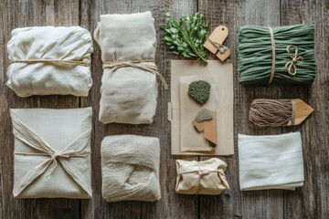 Zero waste gift wrapping with natural materials like fabric, twine, and paper on a rustic wood background.