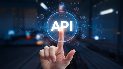 API application programming interface, a finger touch a hologram virtual interface that hologram of API, API integration, API development, JSON, API documentation, 
