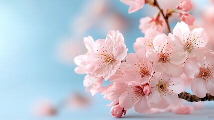 Fototapeta premium Cherry blossom branches bloom beautifully against a soft blue background for spring aesthetic