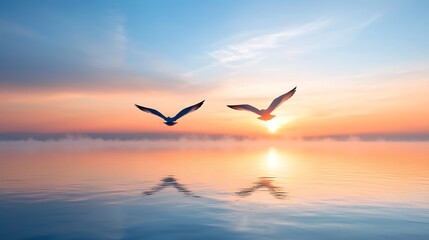 Fototapeta premium Seagulls gracefully soar over calm waters at sunrise capturing nature's tranquil beauty