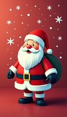 Fototapeta premium Cheerful cartoon Santa Claus with a sack of gifts, surrounded by snowflakes, perfect for holiday promotions and festive designs.
