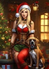 woman in santa claus clothes with christmas tree. Beautiful Santa Girl 
