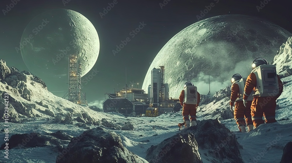 Wall mural two astronauts explore a lunar outpost with two moons in the sky