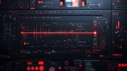 Futuristic Audio Visualizer Display Featuring a Complex Sound Waveform in Bold Red and Black Color Palette for Music Production and Digital Art Applications