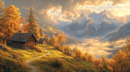 Naklejka premium A panoramic view of the Alps with misty mountains cute house