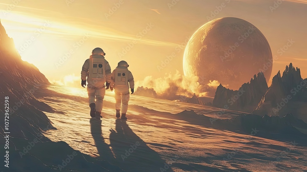 Wall mural two astronauts walking on a distant planet with a large moon in the sky.