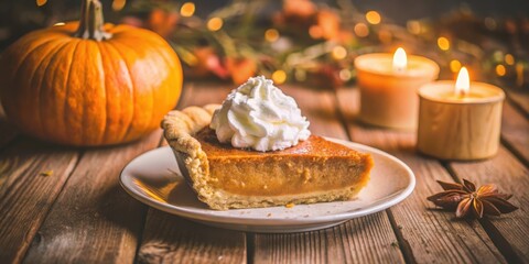 A slice of pumpkin pie with whipped cream, resting on a white plate, accompanied by a whole pumpkin and warm candlelight on a rustic wooden table.