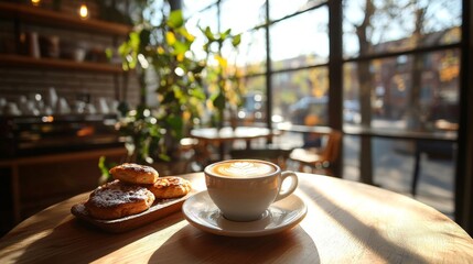 Fototapeta premium Coffee and Pastries on Wooden Table in Cafe.